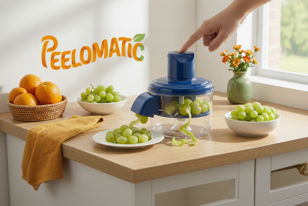 Peelomatic device being used to peel grapes on a kitchen counter with 'Peelomatic' branding.
